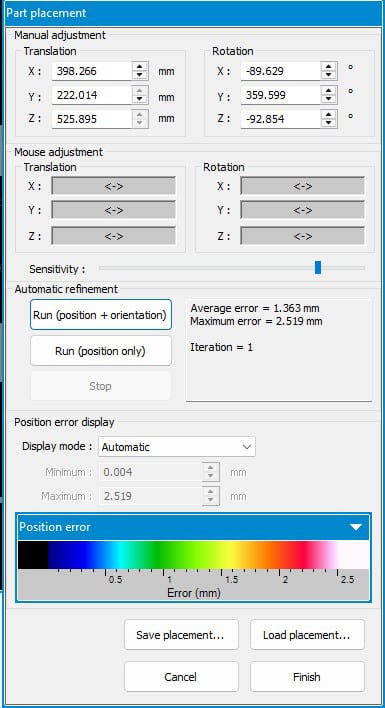 Part placement dialog with manual & mouse adjustments, automatic refinement, and error visualization.