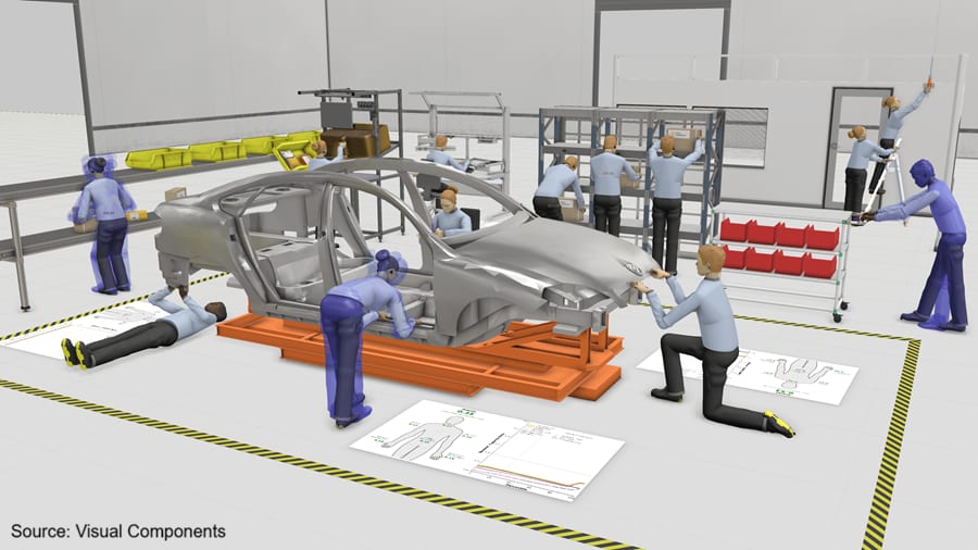 Factory workers assemble a car body on an assembly line with parts, conveyors, and shelves.