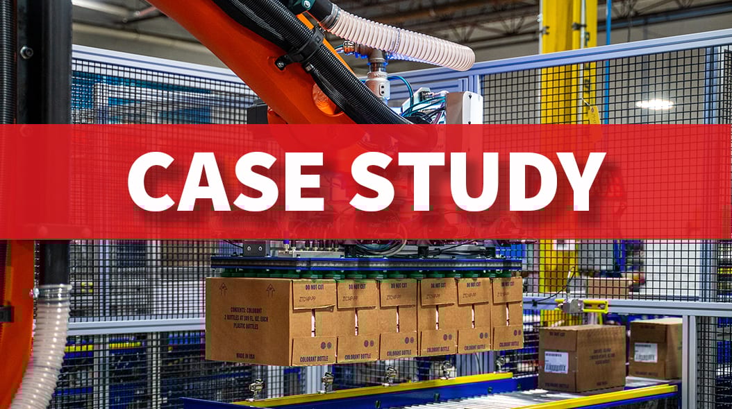 Industrial robot arm placing boxes on a conveyor belt, with "CASE STUDY" overlaid.