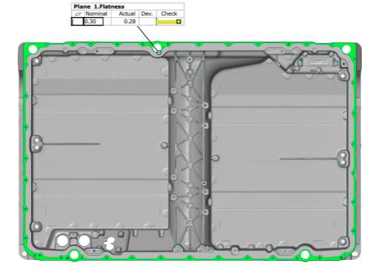 Within a few clicks, this software inspects the position of battery tray connection holes, applying geometric dimensioning and tolerancing (GD&#x26;T) checks to quickly and visually reveal deviations in shape, such as flatness, or changes in position.