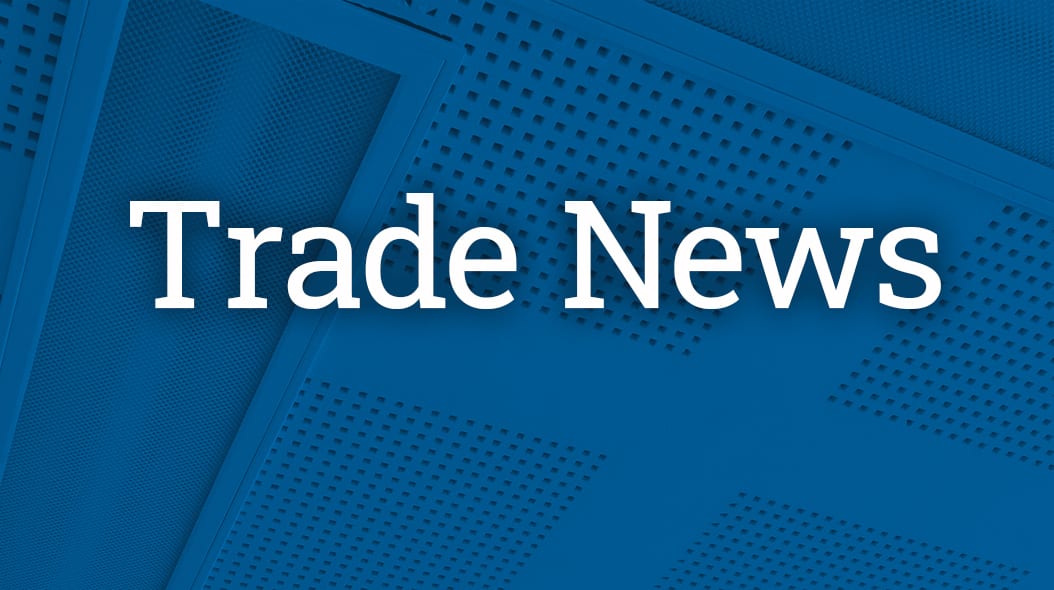 White "Trade News" text on a blue background with a perforated pattern.