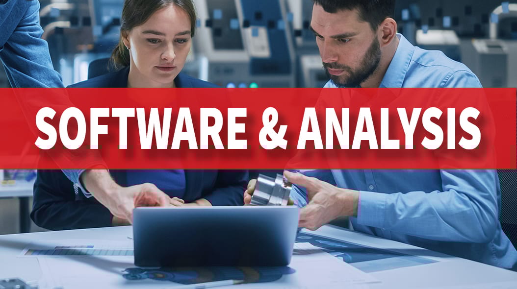People working on a laptop and metal object, with "SOFTWARE & ANALYSIS" text.