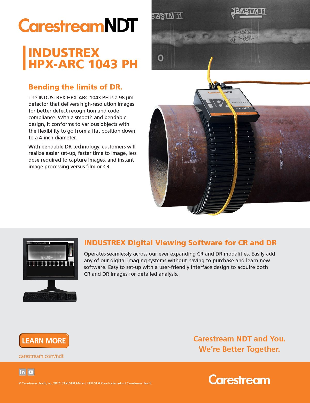 Carestream NDT advert: INDUSTREX HPX-ARC 1043 PH detector bent around a pipe for NDT.