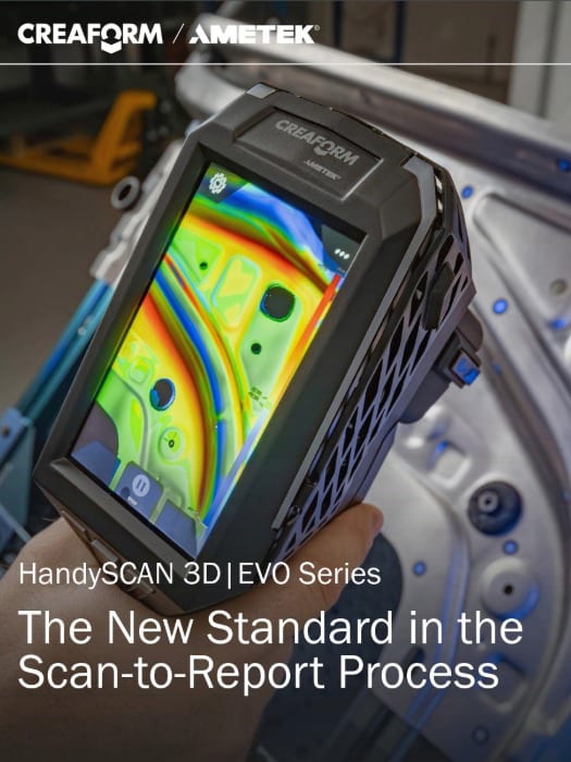 Creaform HandySCAN 3D EVO Series scanner displaying a colorful 3D scan on its screen.