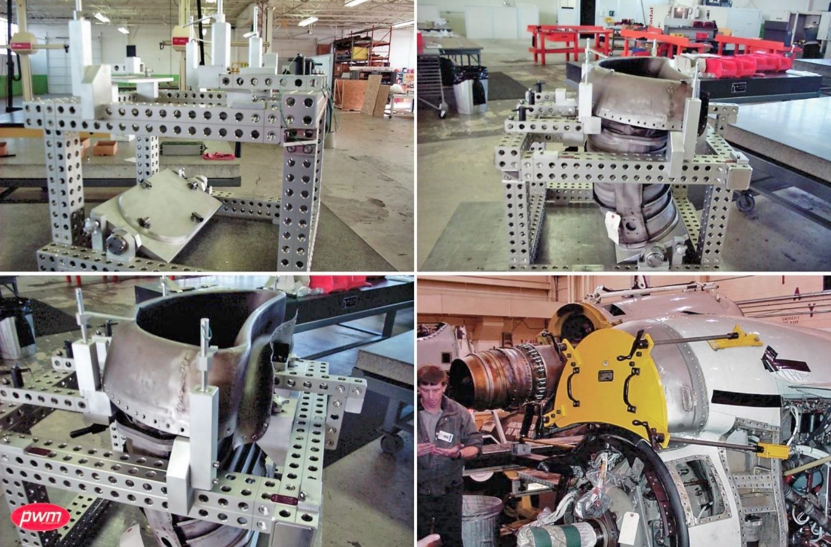 Workshop collage: aircraft engine components in modular jigs, and a worker maintaining a jet engine.