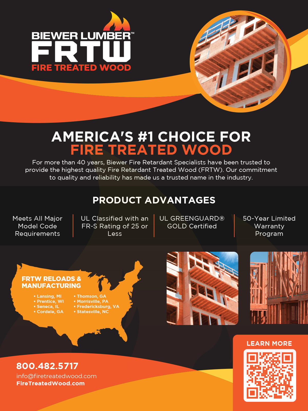 Biewer Lumber FRTW ad, detailing product advantages, manufacturing locations, and contact info, with construction images.