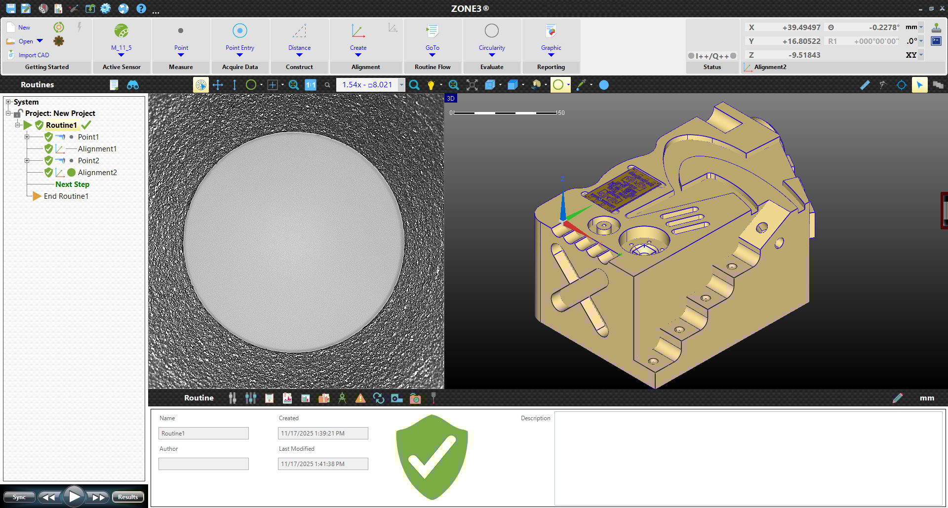 Metrology software (ZONE3) showing 2D and 3D part views, plus measurement routine steps.