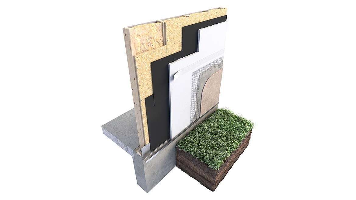 Detailed cross-section of a building wall with insulation, foundation, and ground layers.