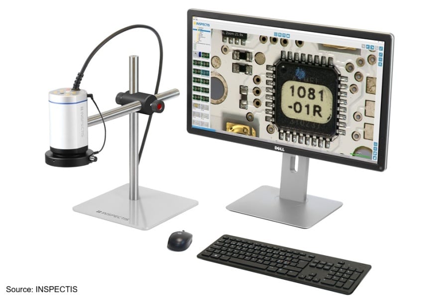 Digital microscope system with camera, monitor displaying a magnified circuit board, keyboard, and mouse.