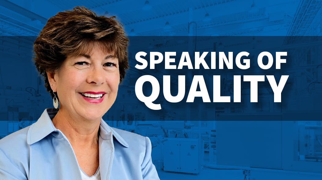 Smiling woman next to "SPEAKING OF QUALITY" text on blue factory background.