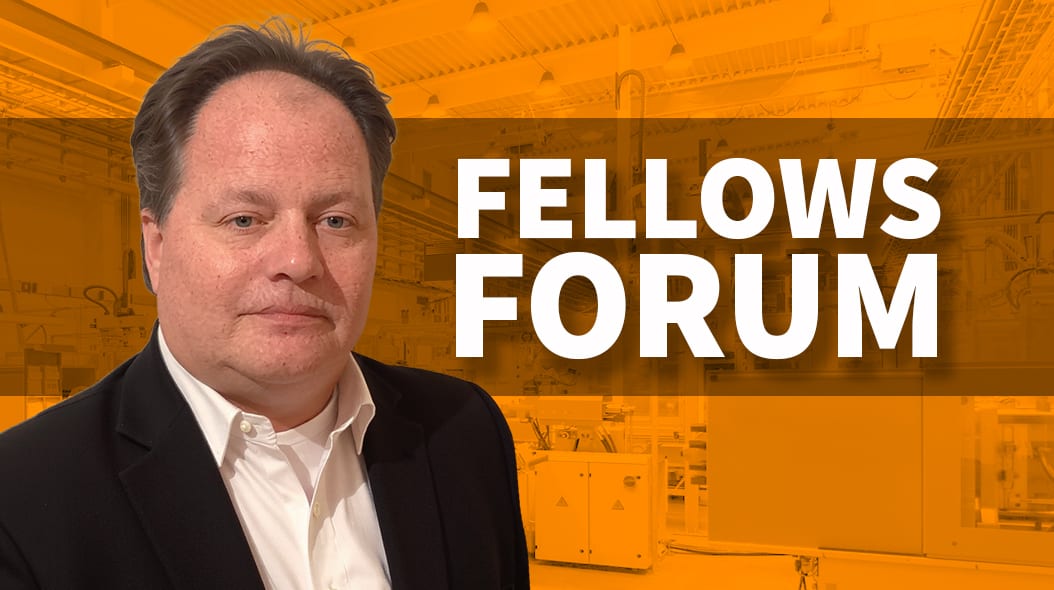 A man in a suit looks forward, with "FELLOWS FORUM" text over an orange industrial background.