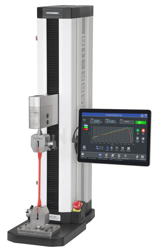 An advanced force tester is a rigidly constructed vertical frame with integrated control panel, force sensor, and grips appropriate to the application.