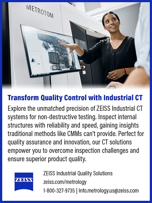 A woman points to a complex 3D scan on a screen, demonstrating a ZEISS industrial CT system for quality control.