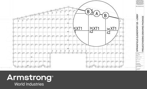 Armstrong blueprint showing a building layout, grid, and magnified detail with labels A, B, XT1, XT2.