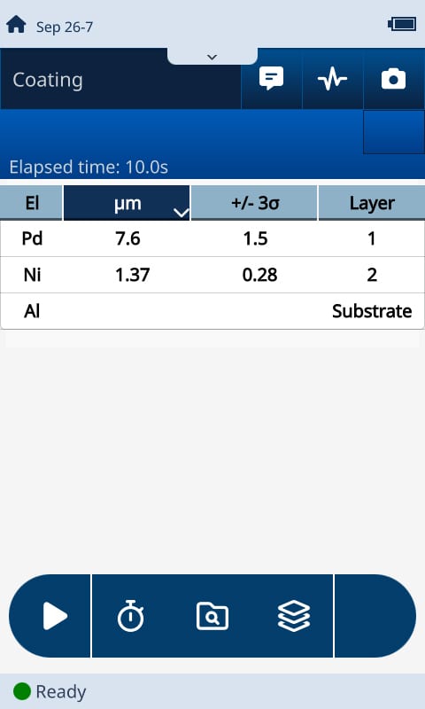 Figure 2. Results screen from a handheld XRF analyzer displaying the thickness of palladium and nickel coating in an aluminum substrate. 