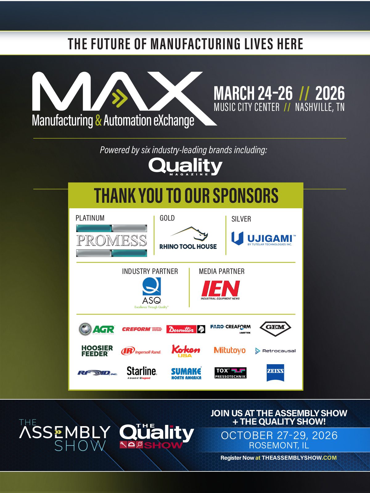 Advertisement for MAX Manufacturing & Automation eXchange and The Assembly Show + Quality Show, featuring sponsors.