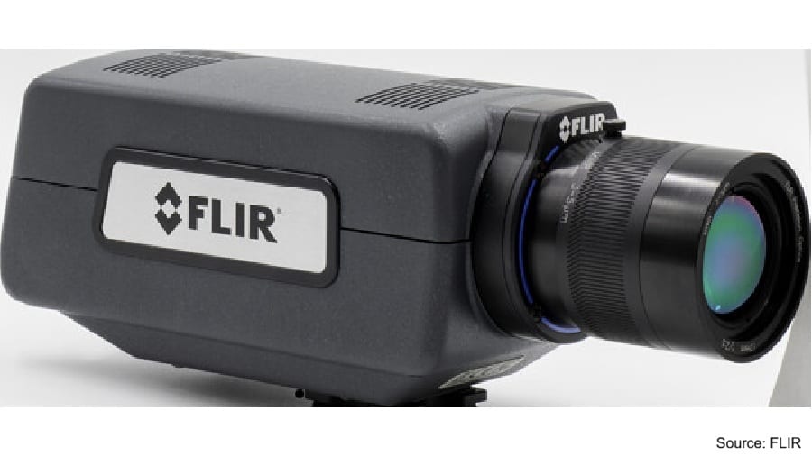 A gray FLIR thermal imaging camera with a lens attached, angled towards the viewer.