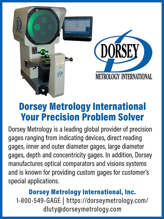 Dorsey Metrology International ad: precision optical comparator, laptop, logo, and text.