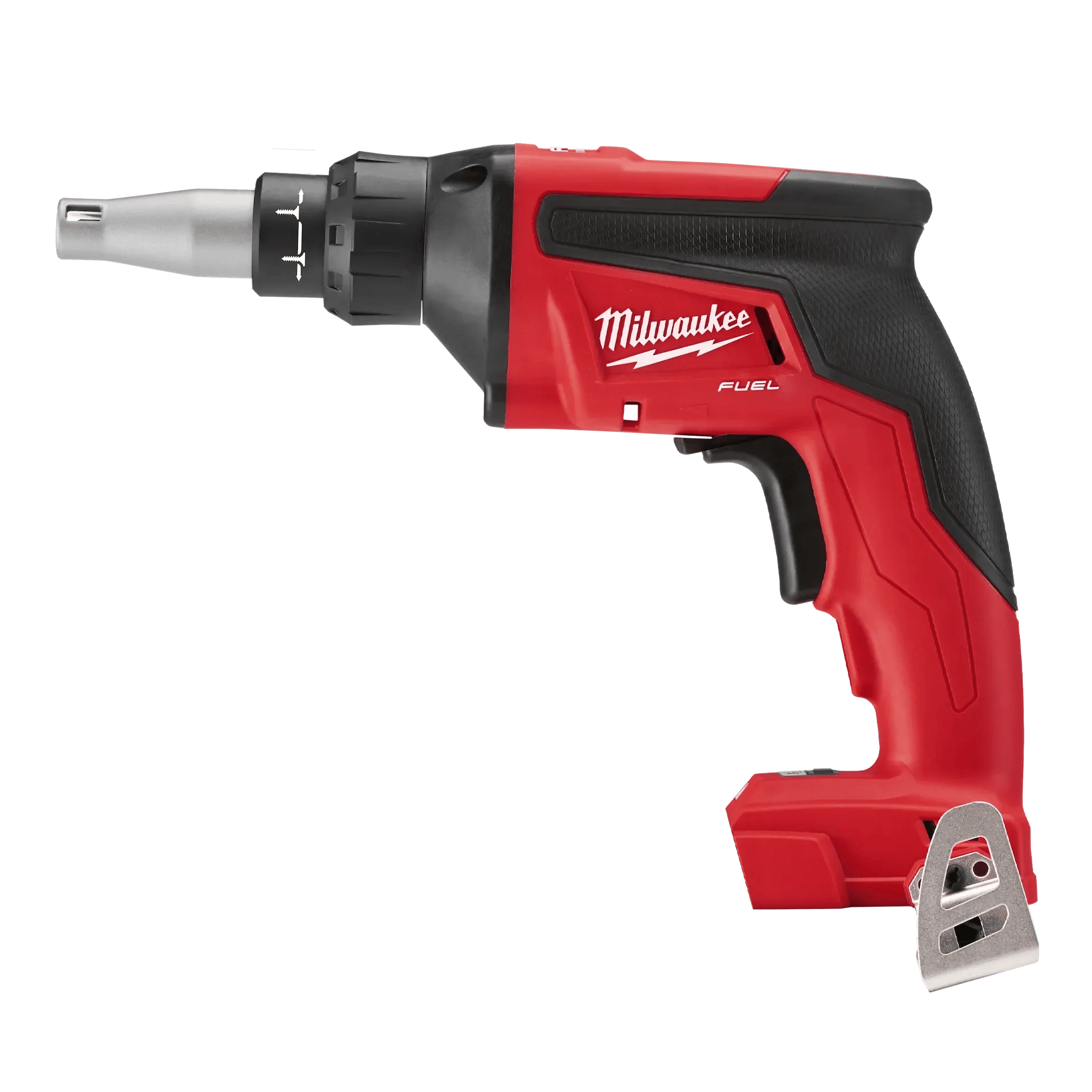 Red Milwaukee FUEL drywall screw gun with adjustable depth setting.