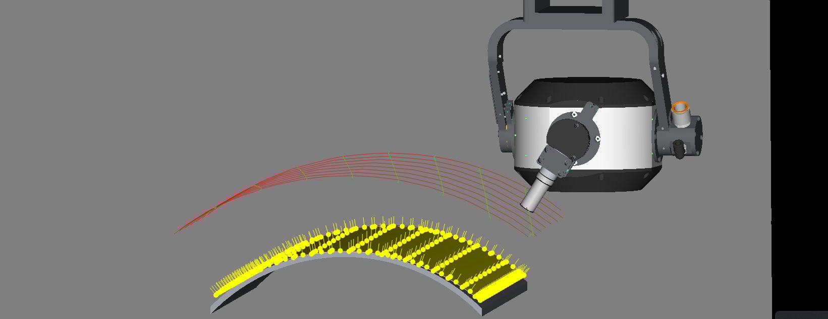 Robotic arm with nozzle scanning a curved surface, showing red scan lines and yellow data points.