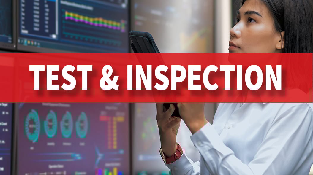 TEST & INSPECTION banner over a person looking at data displays.