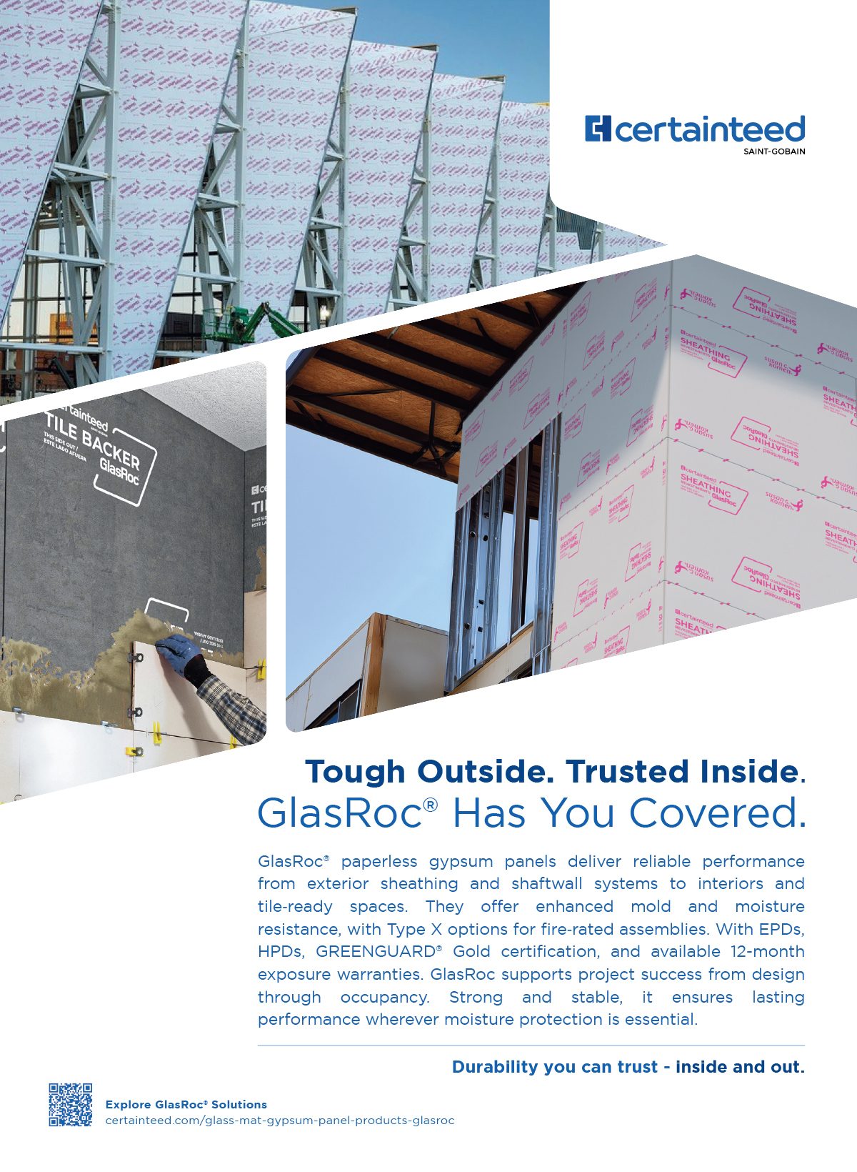 GlasRoc panels on construction sites for exterior sheathing, tile backing, and interior walls.