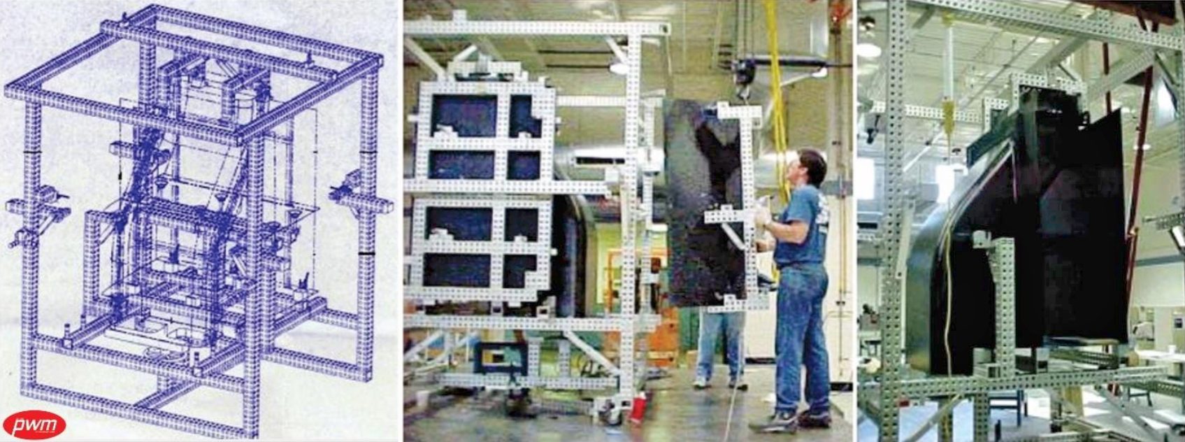 CAD design and real-world assembly of a large component using a modular framing system.