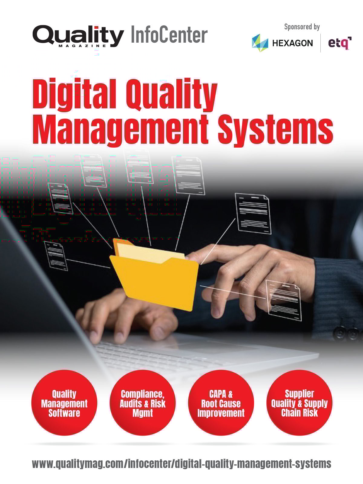 Hands on laptop, digital documents, and folder representing Digital Quality Management Systems and key topics.