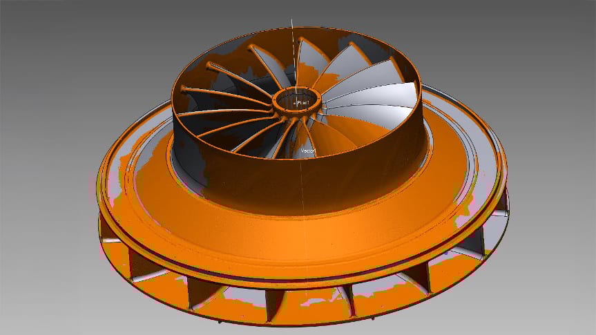 Orange and gray 3D model of a multi-bladed turbomachine impeller.