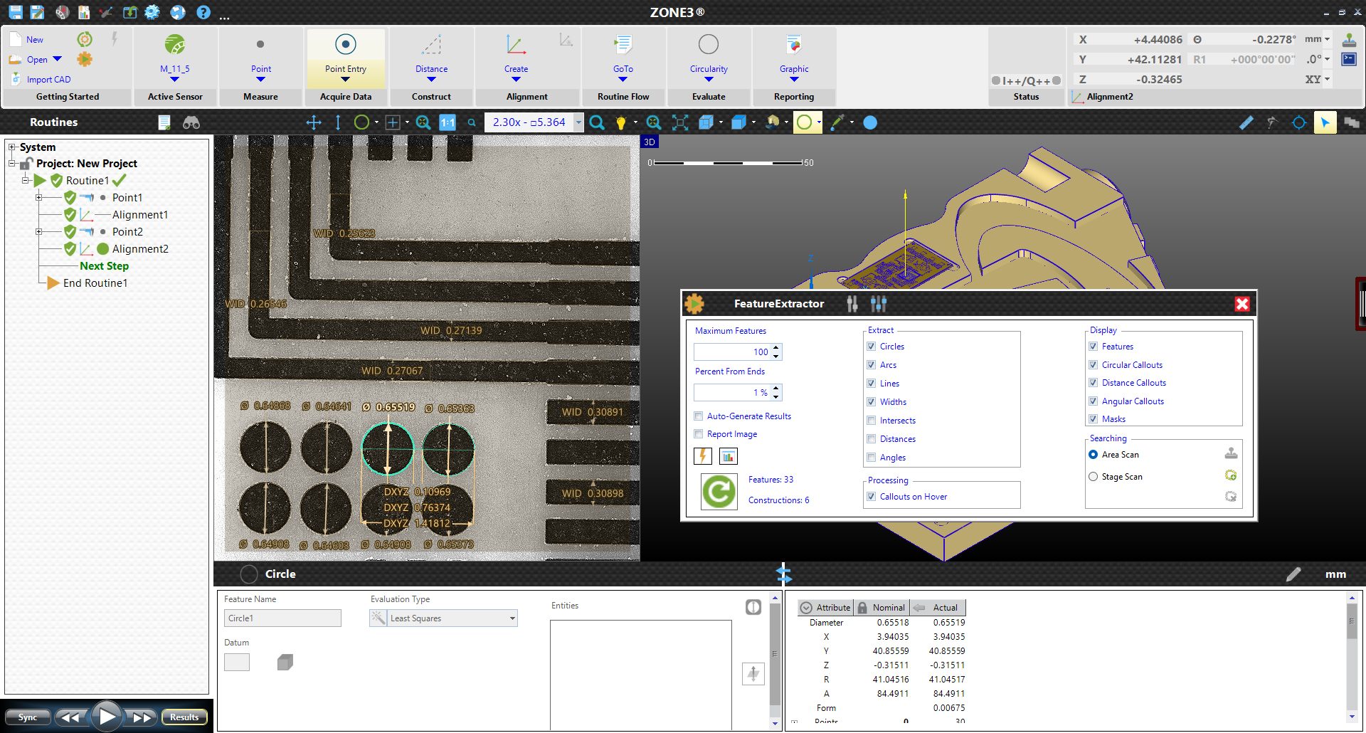 ZONE3 metrology software displaying a circuit board, 3D model, feature extraction dialog, and measurement results.