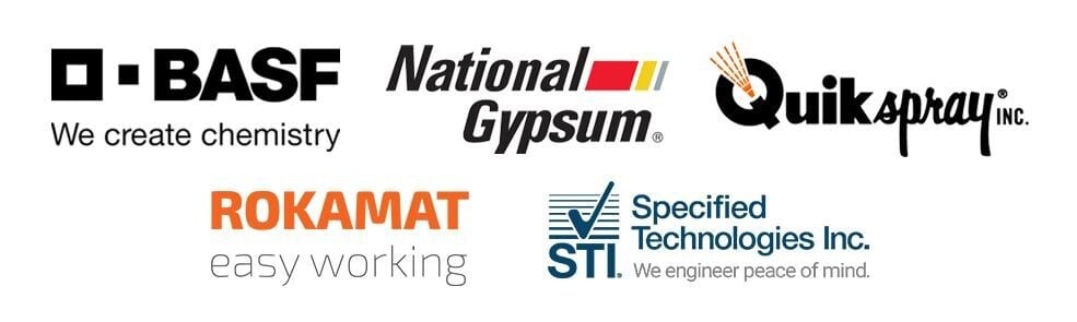 Logos of BASF, National Gypsum, Quikspray Inc., ROKAMAT, and STI.