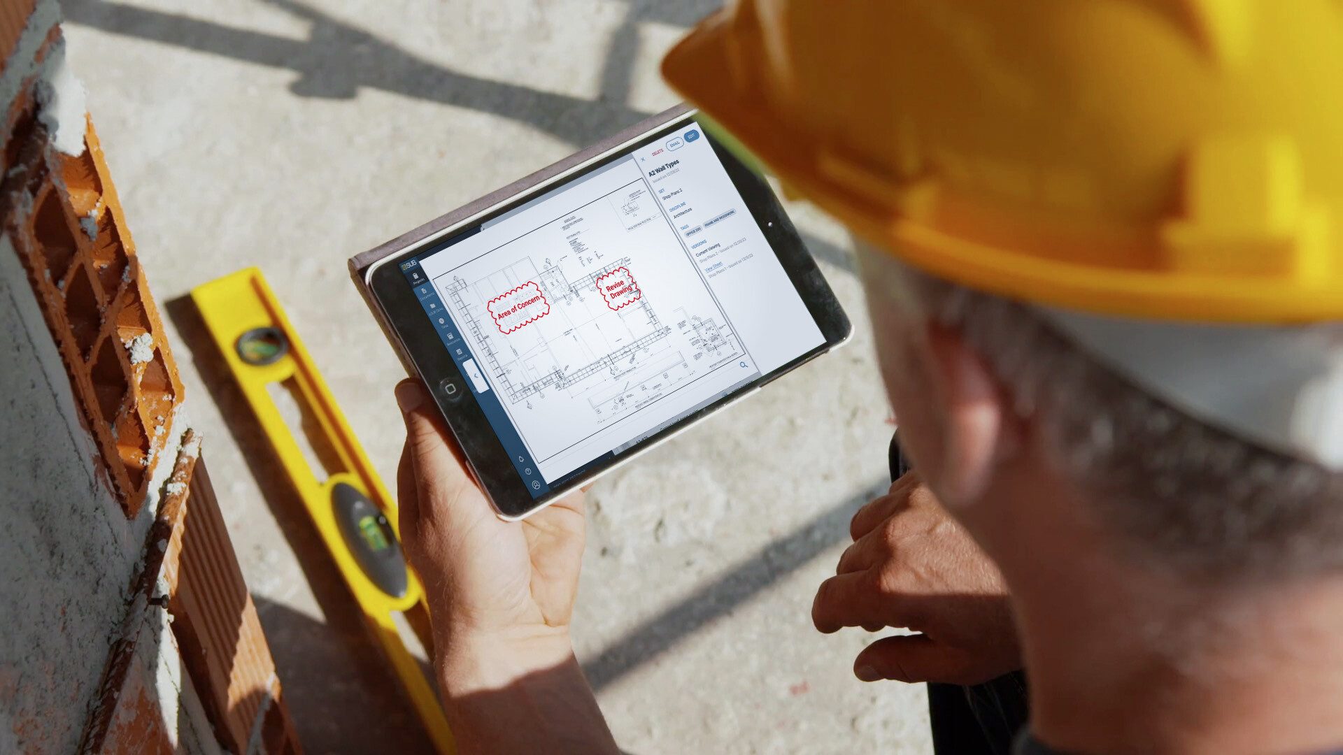 Construction worker holding tablet