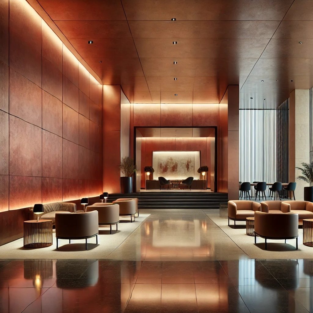 Interior design, Living room, Wood flooring, Floor, Ceiling, Furniture, Lobby, Chair