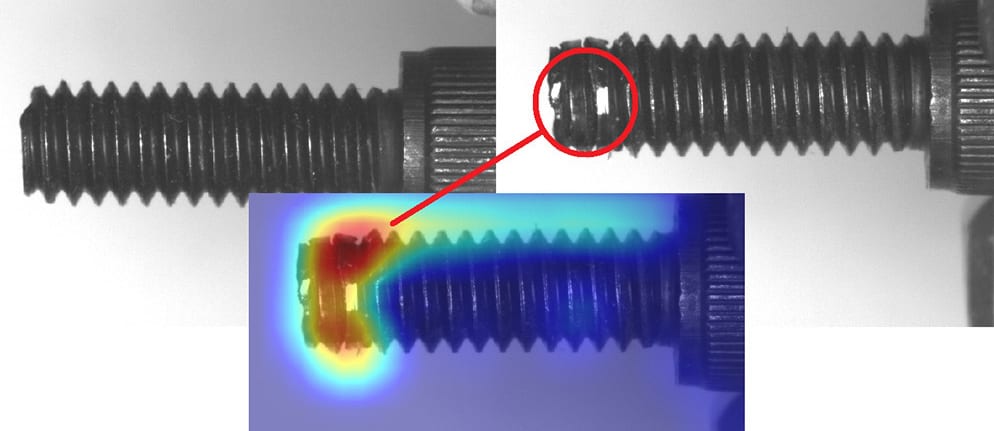 Figure 2. Good and defective metal screws. The defect is shown as a heatmap output of a deep learning classification algorithm  Courtesy of Teledyne DALSA