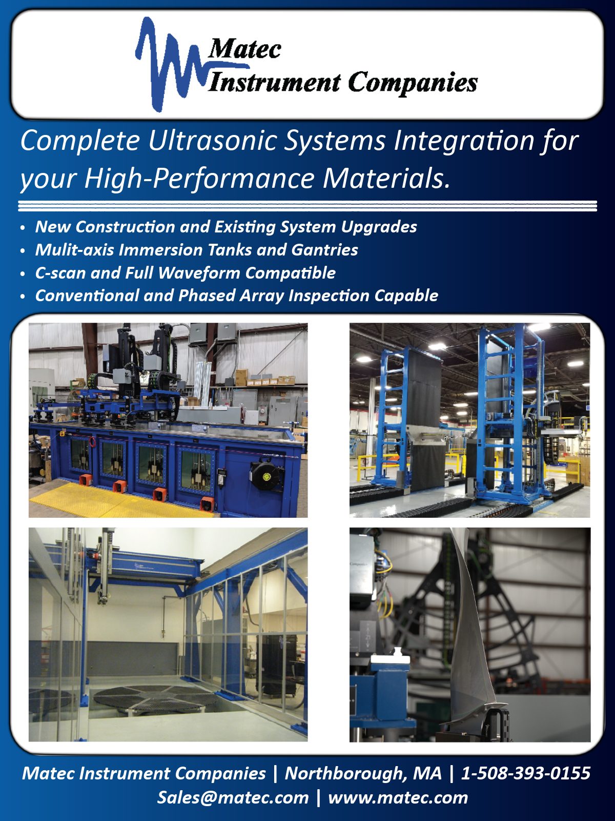 Ad for Matec Instrument Companies, showcasing various ultrasonic systems for high-performance materials inspection.