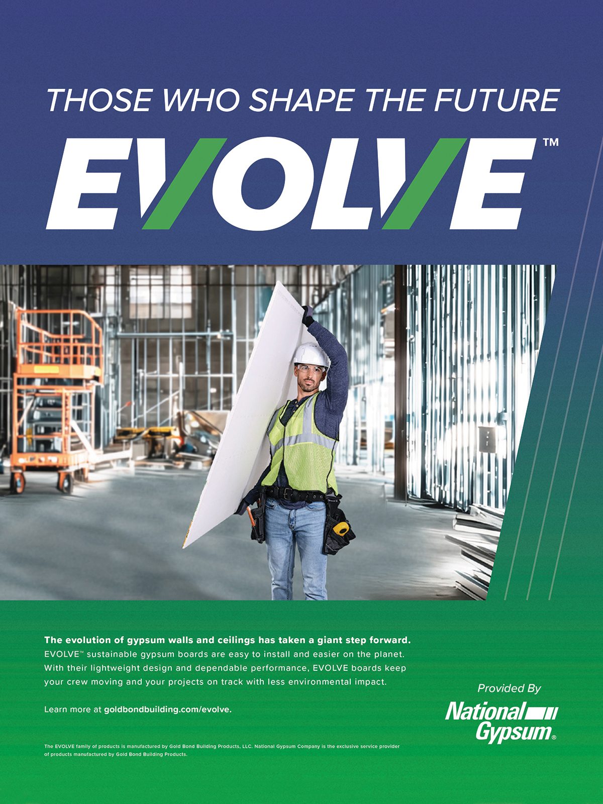 A worker carries EVOLVE sustainable gypsum board, emphasizing easy installation and environmental impact.