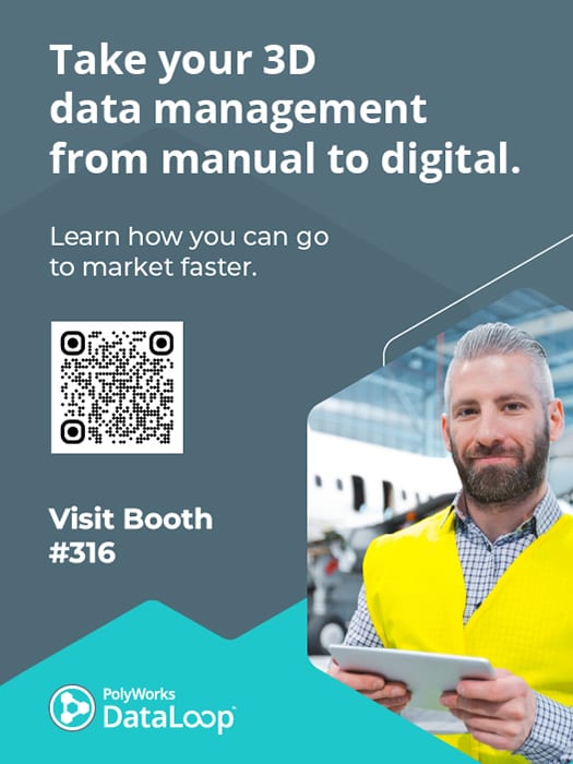 PolyWorks DataLoop ad: Digitalize 3D data. Man with tablet. Scan QR, Visit Booth #316.