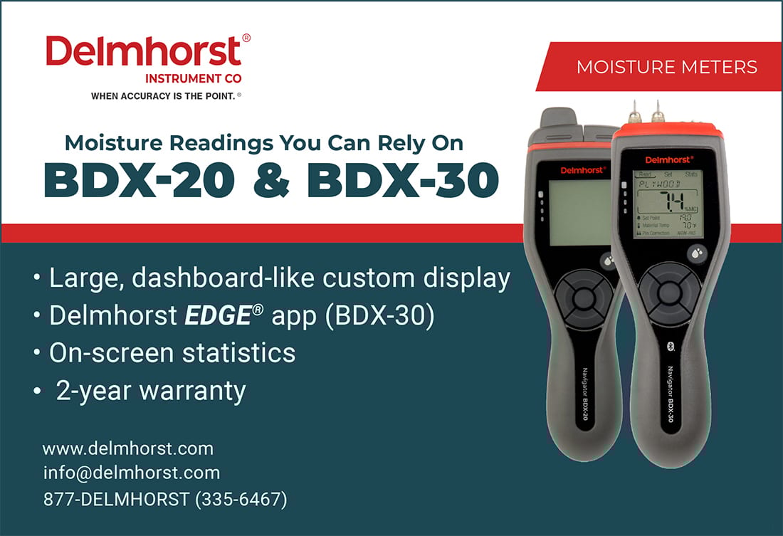 Ad for Delmhorst BDX-20 & BDX-30 moisture meters, highlighting features like custom display and app.
