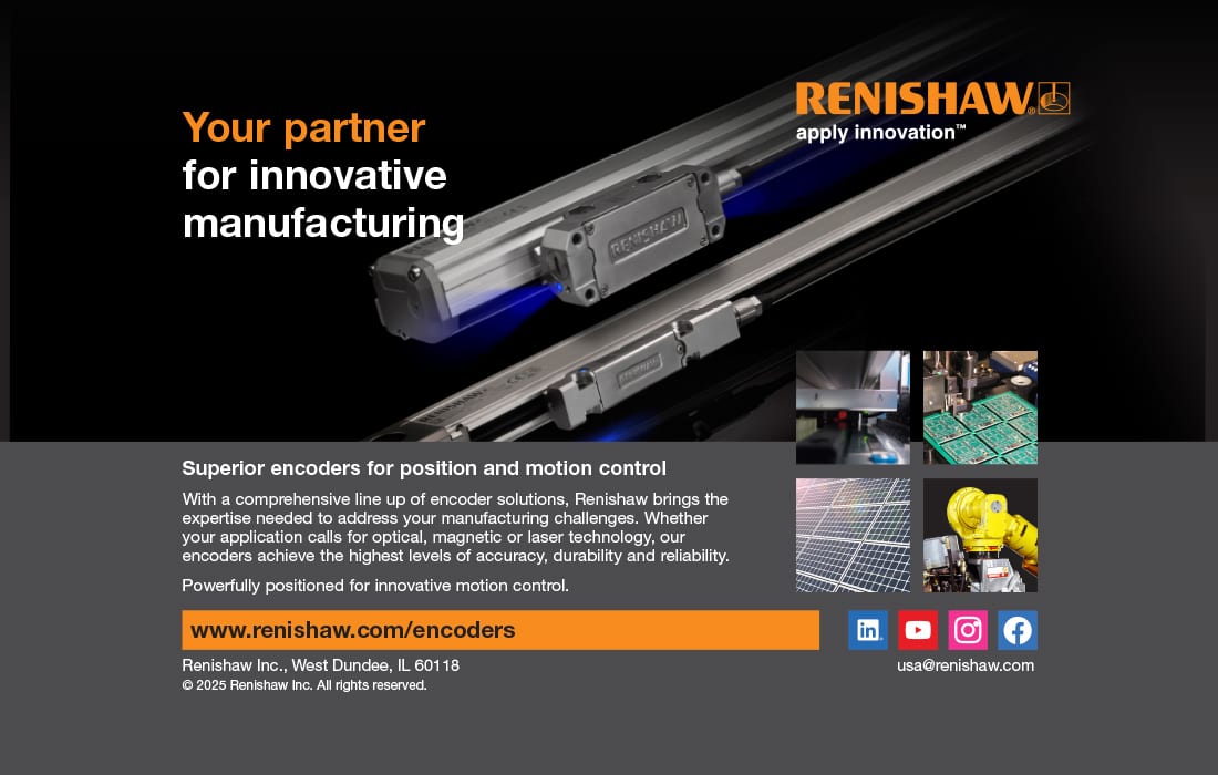 Renishaw ad for encoders: "Your partner for innovative manufacturing." Features encoders and applications.