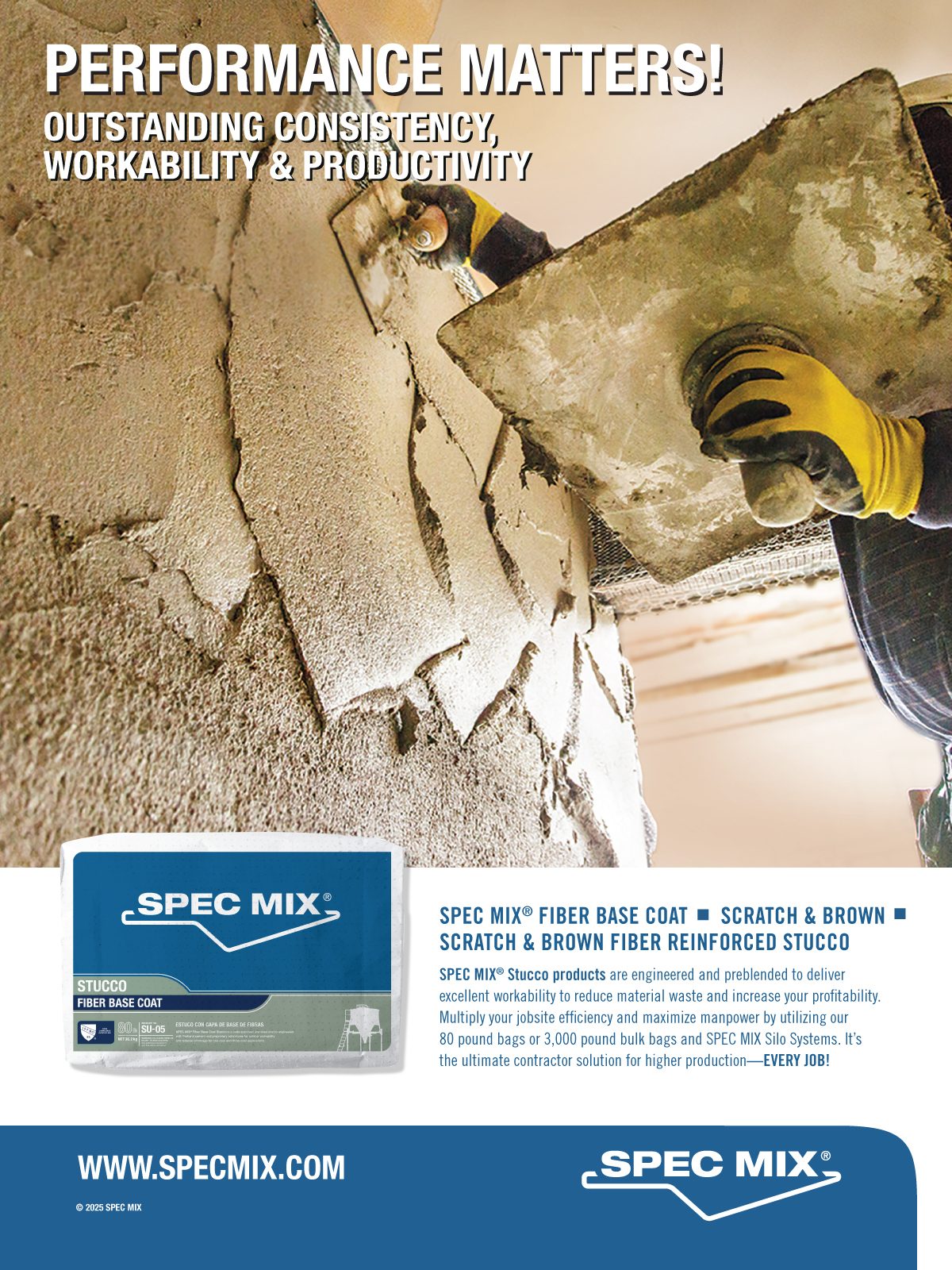 A person applies stucco to a wall, with a product bag of Spec Mix stucco and descriptive text.