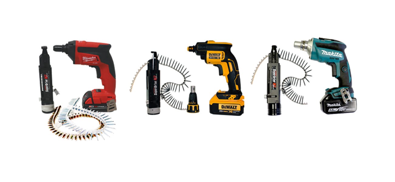 Three cordless screw guns (Milwaukee, DeWalt, Makita) with auto-feed attachments and collated screws.