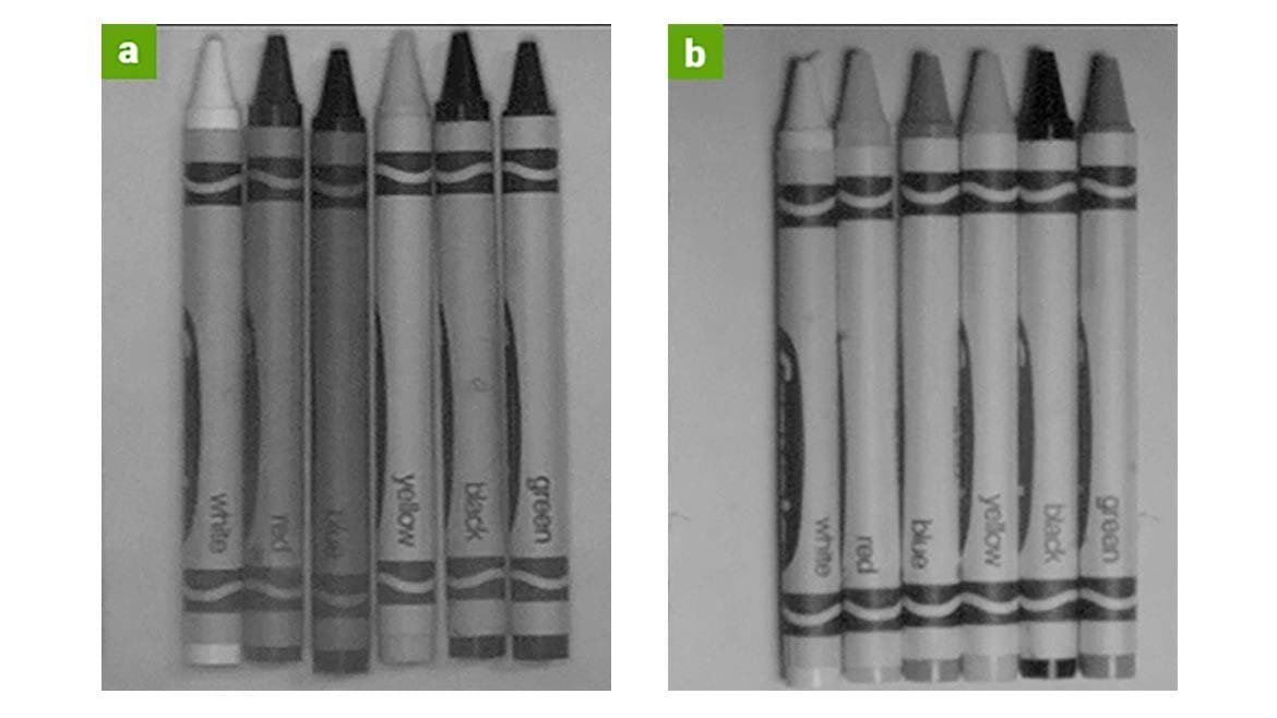Figure 4: The evening out of contrast differences among the color papers on crayons, under white light (a) and under NIR light (b), allows the blue crayon print to be more easily read and verified.
