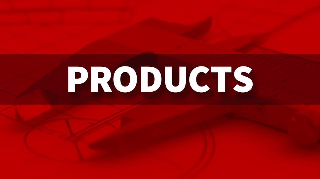 Bold white text "PRODUCTS" on a dark red background with subtle technical drawings.