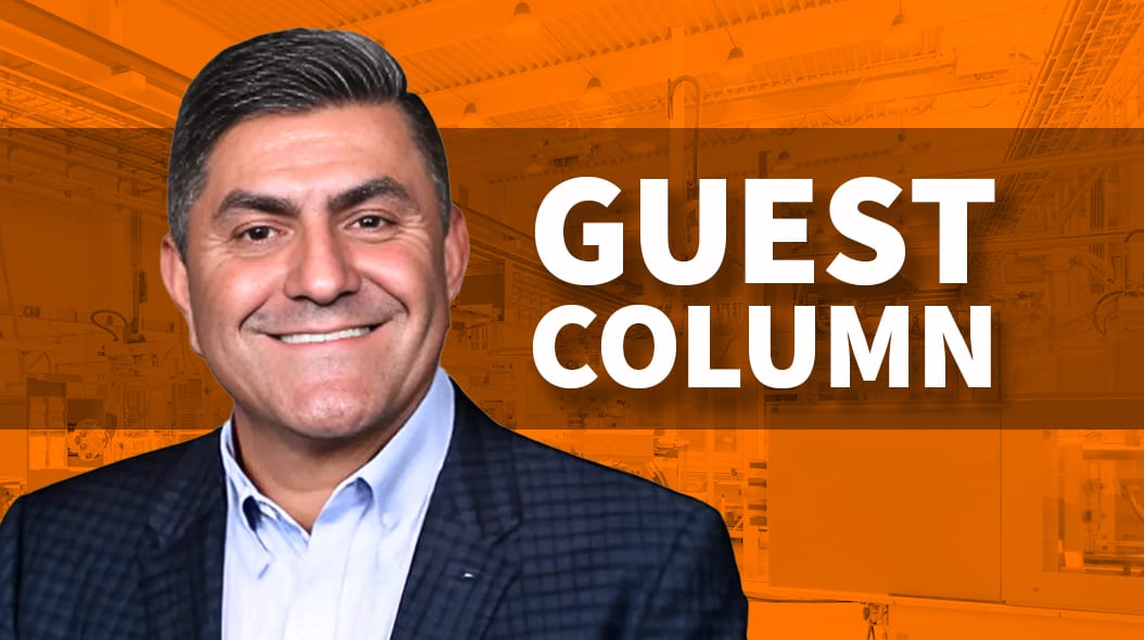 Smiling man, "GUEST COLUMN" text, orange industrial background.