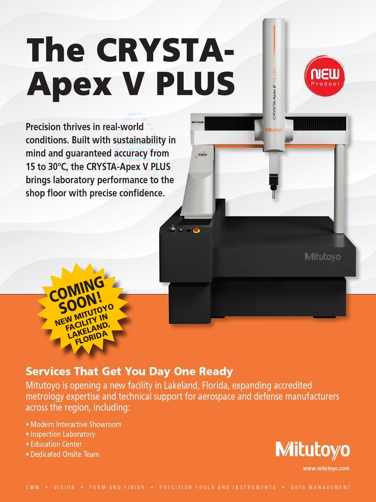 Ad for Mitutoyo's CRYSTA-Apex V PLUS CMM and a new facility in Lakeland, Florida.