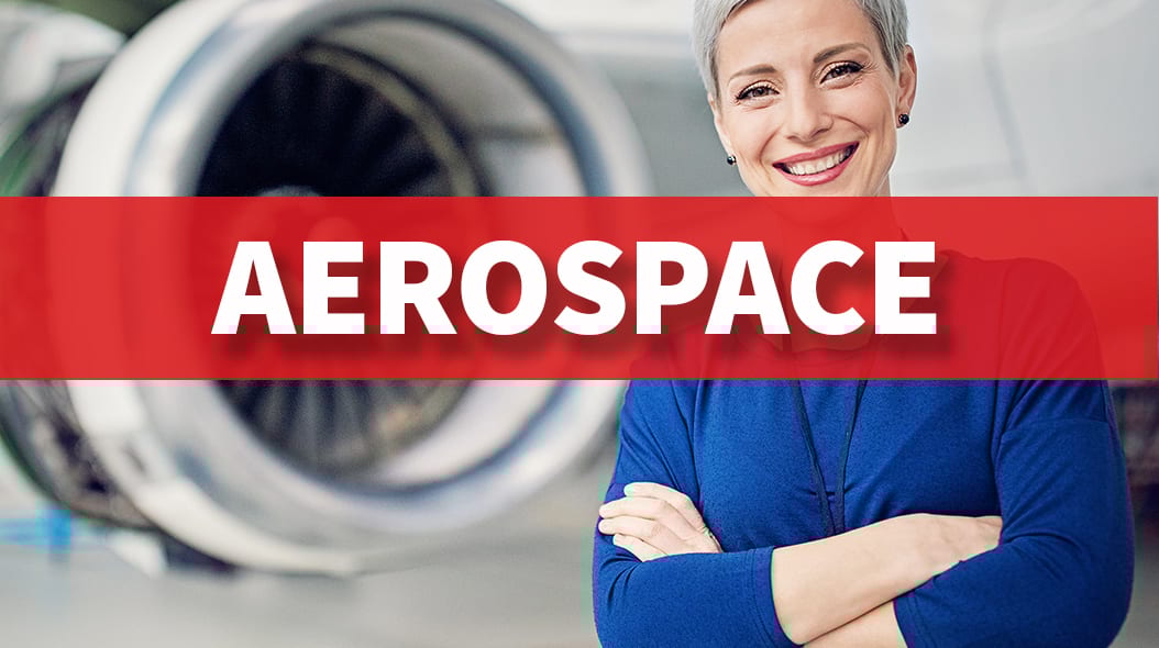 Smiling woman, jet engine background, with "AEROSPACE" text overlay.