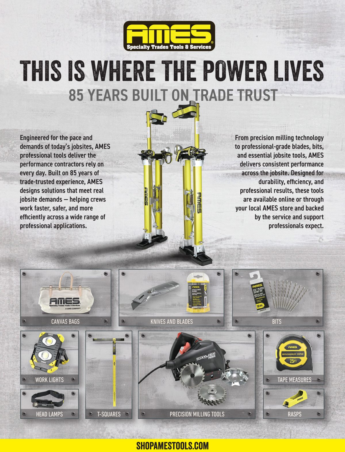Ames tools ad featuring stilts, canvas bags, knives, bits, work lights, and other professional tools.