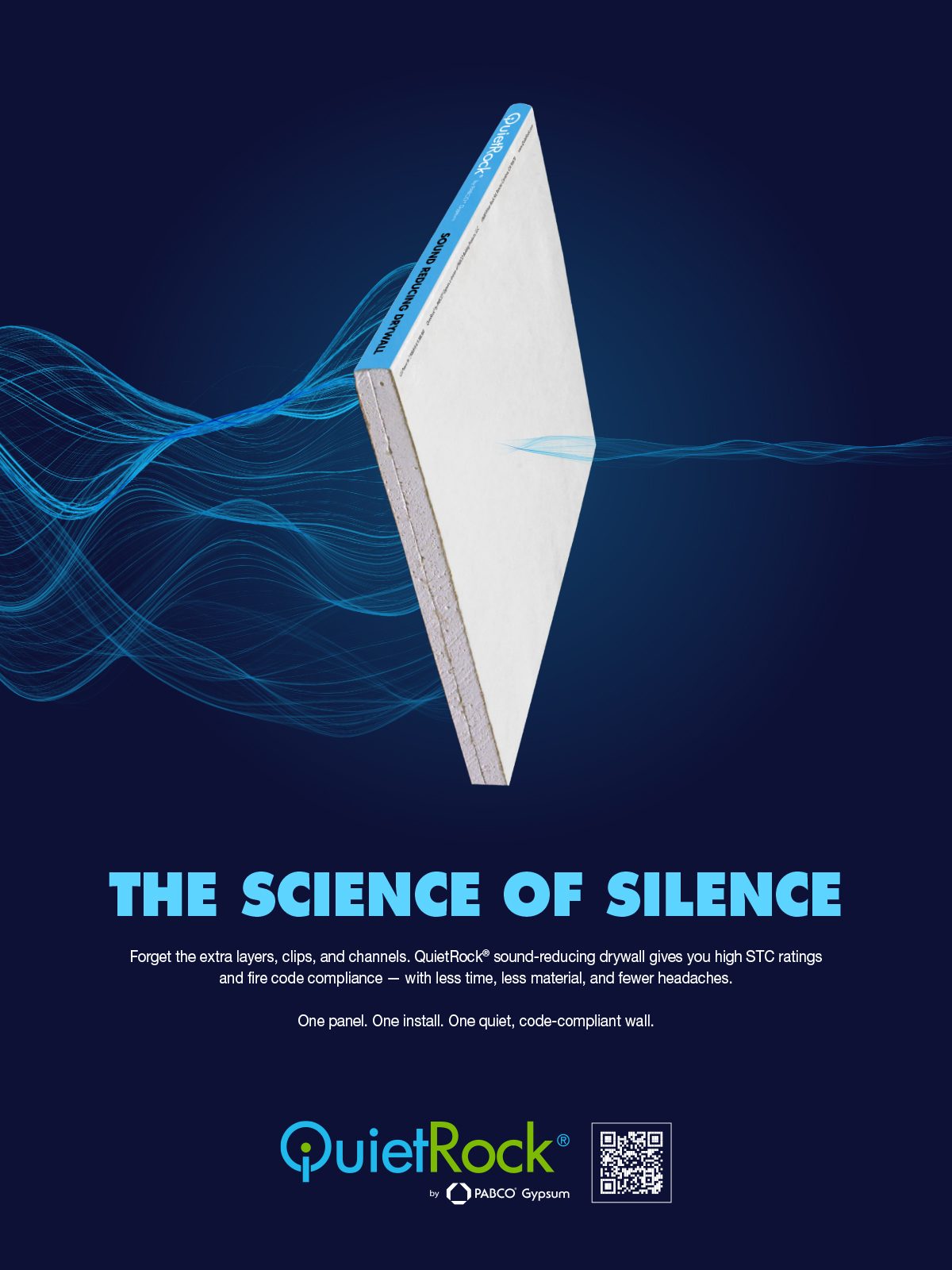 Sound-reducing QuietRock drywall panel with blue waves, tagline "The Science of Silence" and logo.
