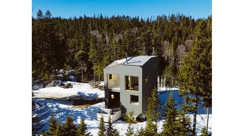 Modern grey house in a snow-covered evergreen forest.