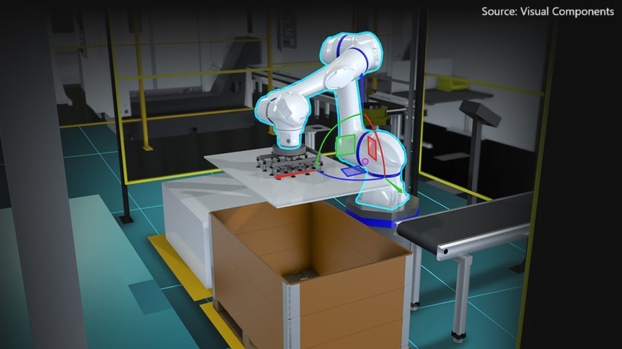 3D simulation: blue-outlined robotic arm picks items into a box in a factory setting with a conveyor.